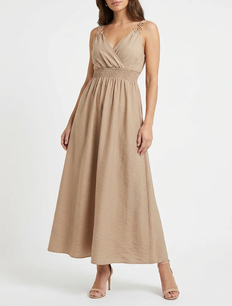 Robe longue à bretelles bijoux - Beige - Image 4