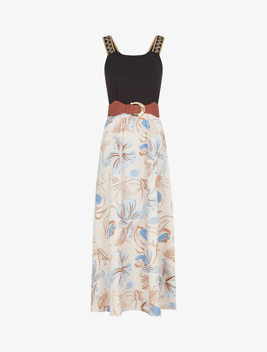 Robe longue à bretelles brodées imprimé floral - Beige