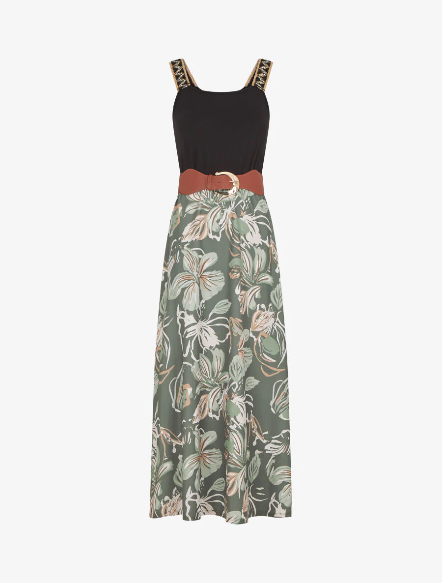 Robe longue à bretelles brodées imprimé floral - Kaki