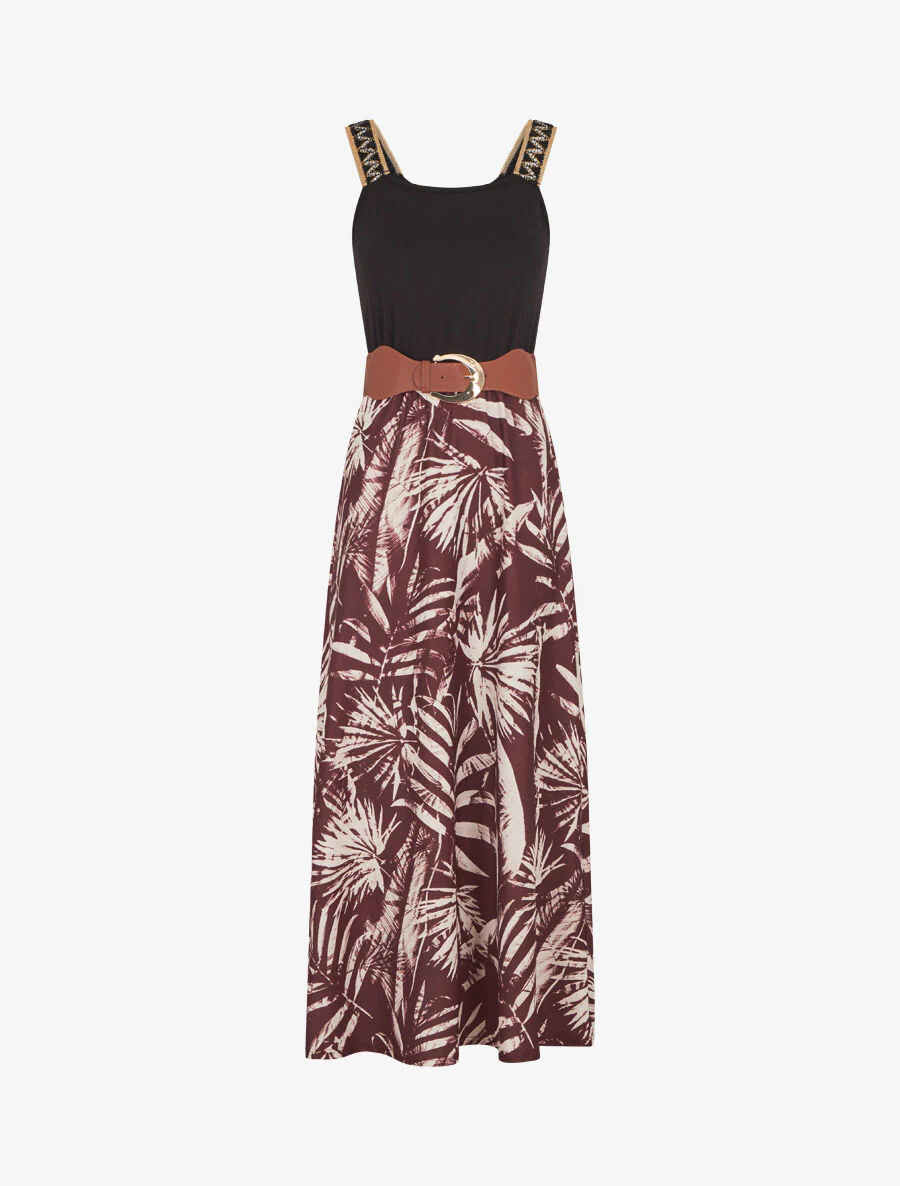 Robe longue à bretelles brodées imprimé tropical - Marron