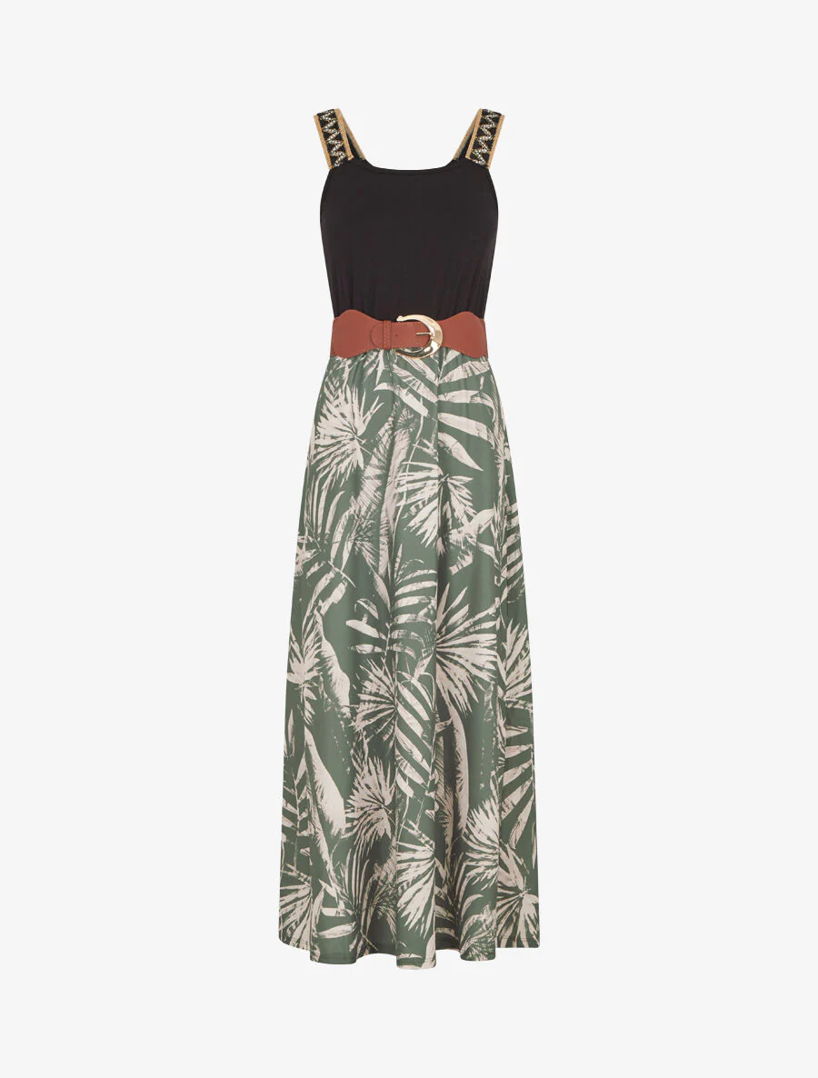 Robe longue à bretelles brodées imprimé tropical - Kaki