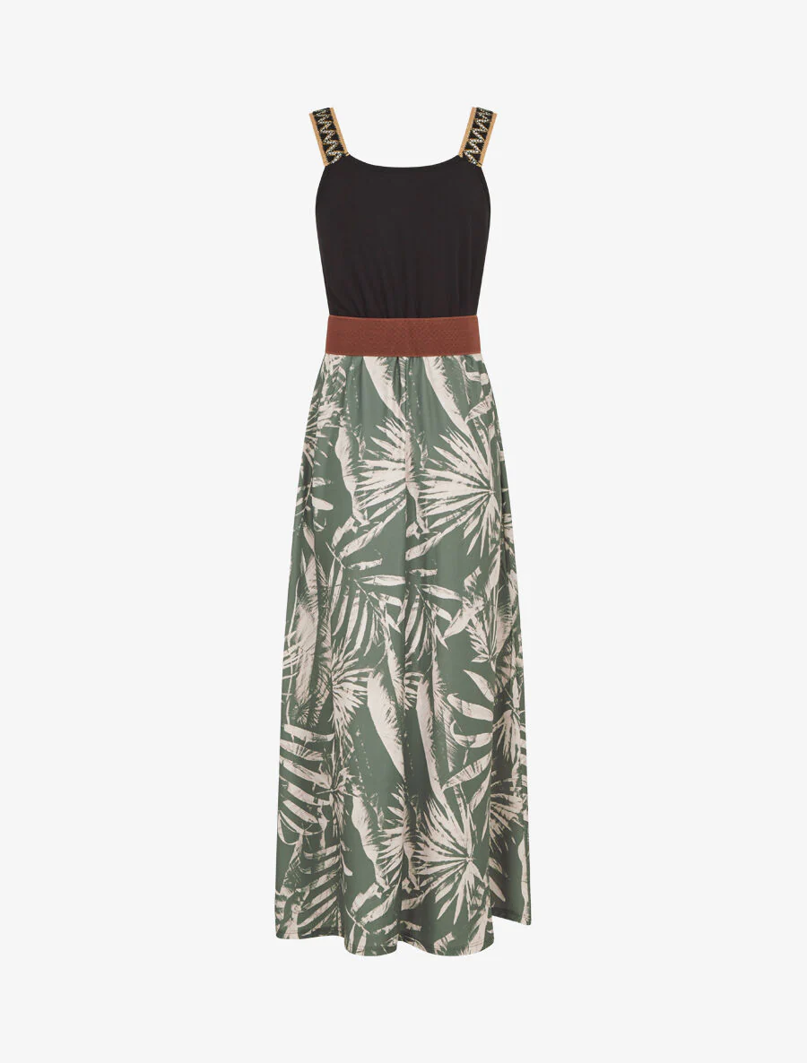 Robe longue à bretelles brodées imprimé tropical - Kaki - Image 2