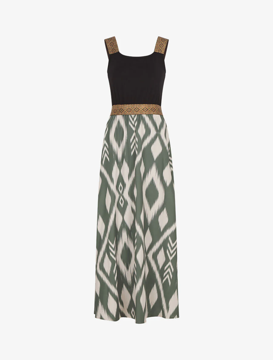 Robe longue à bretelles imprimé abstrait - Kaki