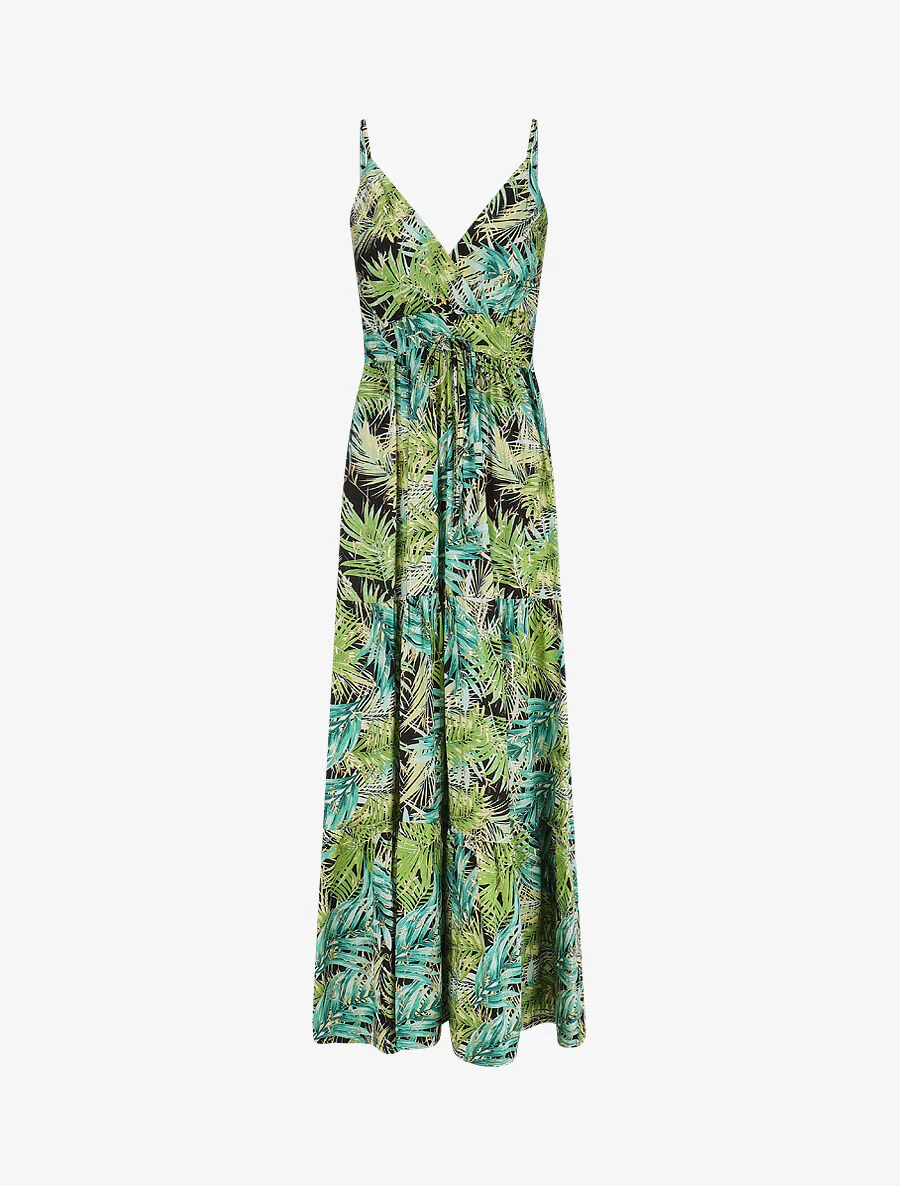 Robe longue à bretelles imprimé tropical irisé - Noir/vert
