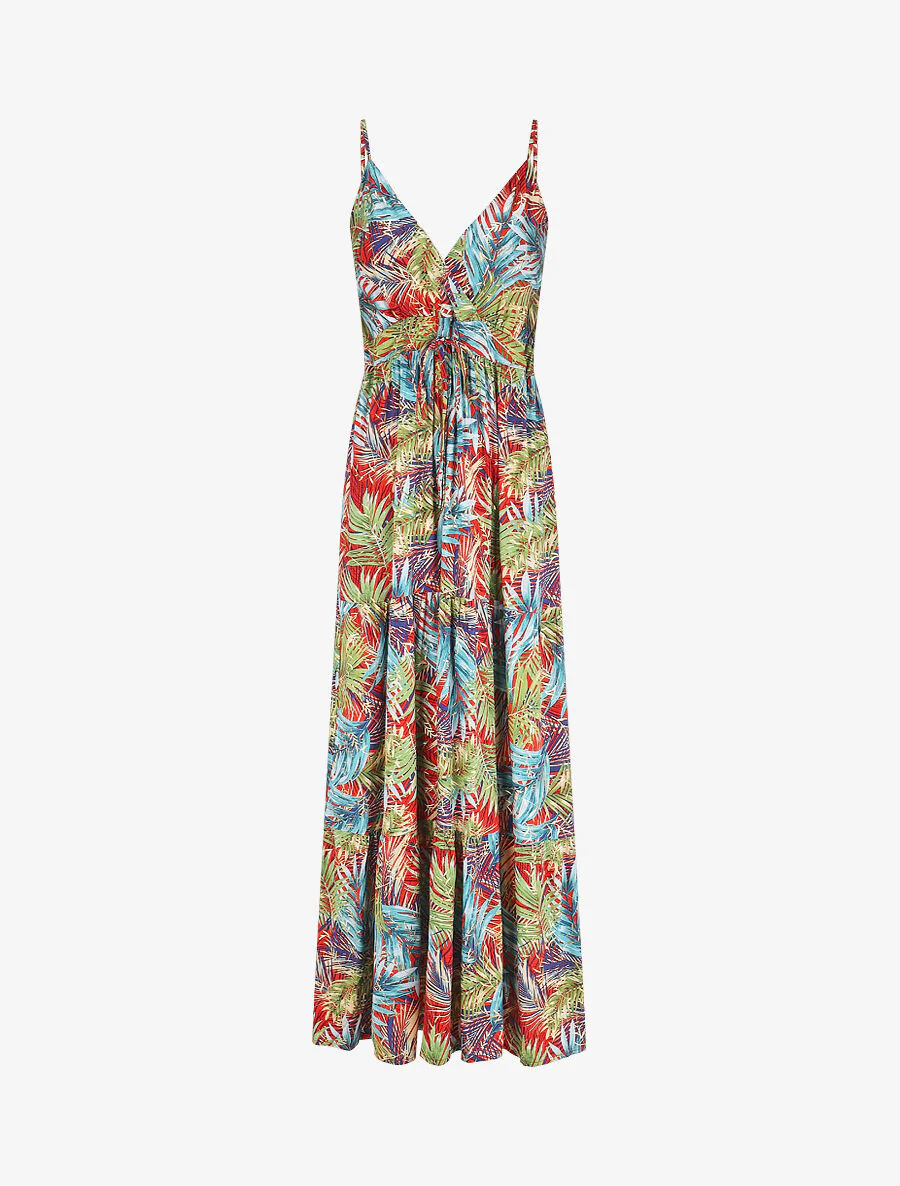 Robe longue à bretelles imprimé tropical irisé - Rouge/vert