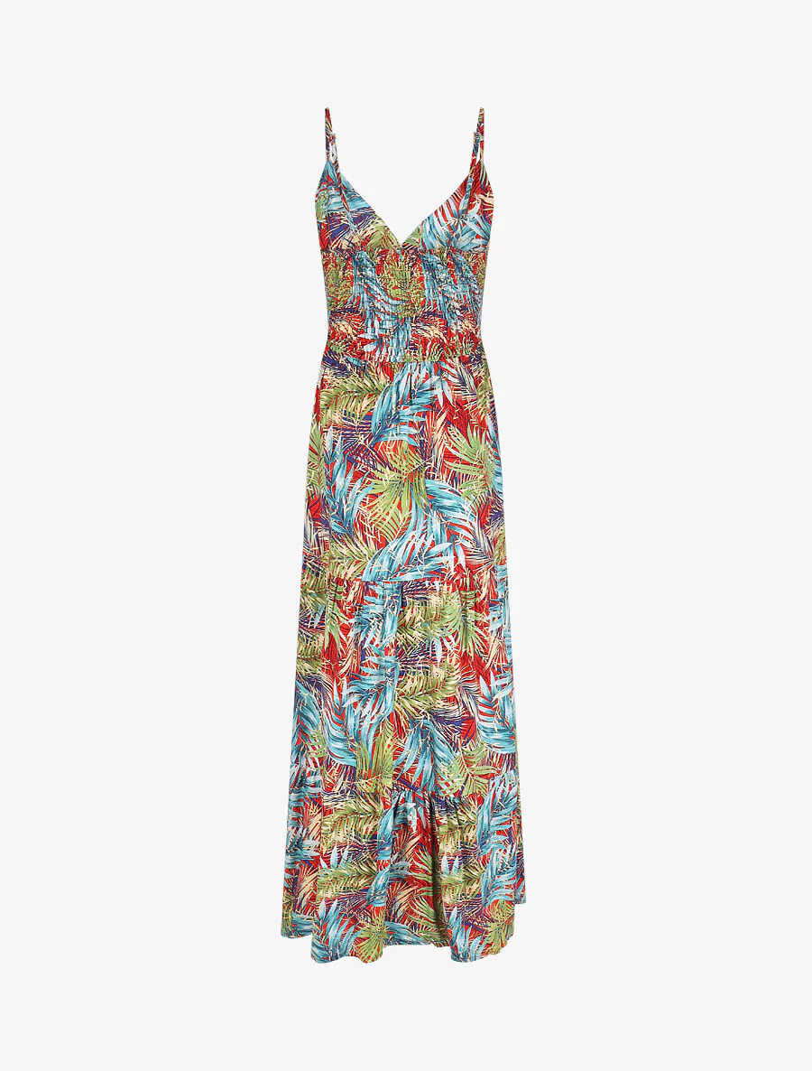 Robe longue à bretelles imprimé tropical irisé - Rouge/vert - Image 2