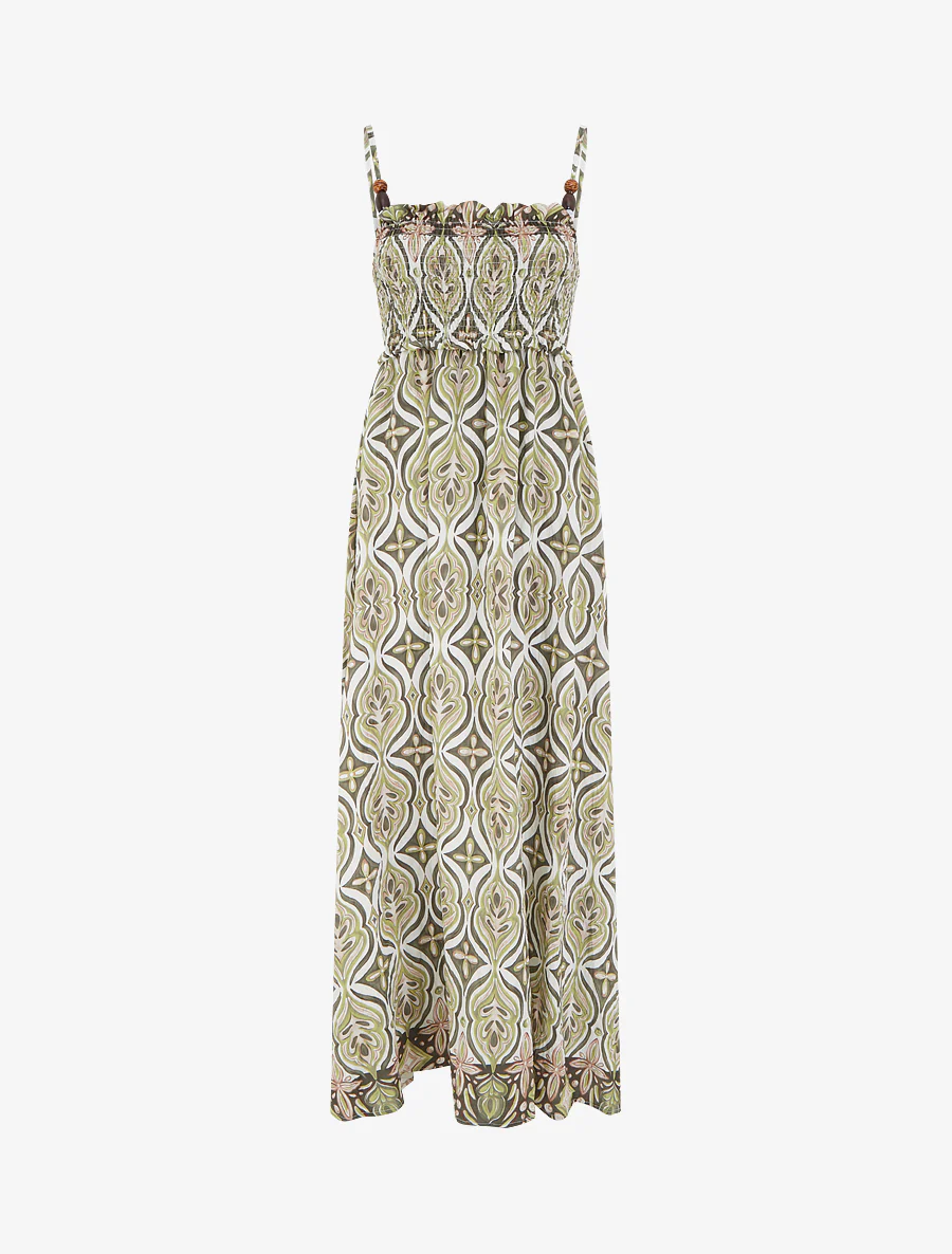 Robe longue à bretelles perlées et imprimé fantaisie - Kaki