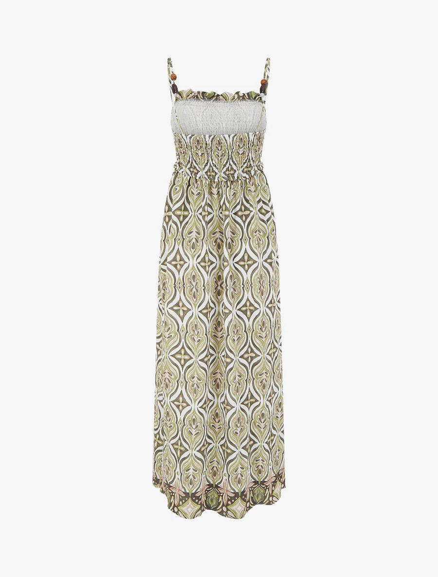 Robe longue à bretelles perlées et imprimé fantaisie - Kaki - Image 2