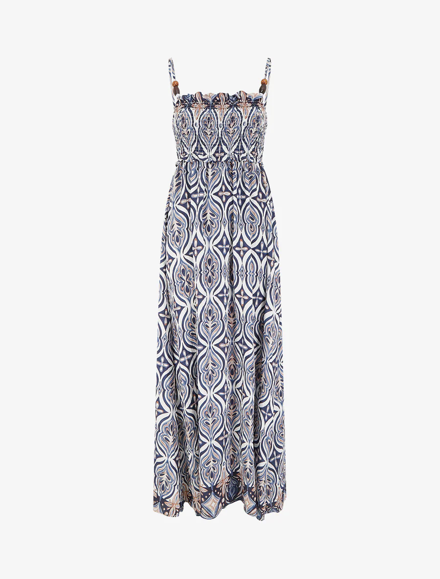 Robe longue à bretelles perlées et imprimé fantaisie - Marine