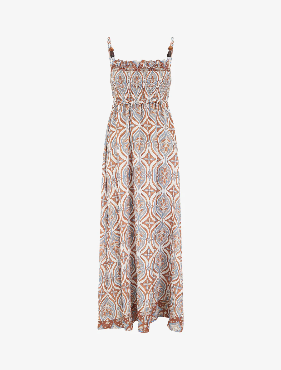 Robe longue à bretelles perlées et imprimé fantaisie - Beige