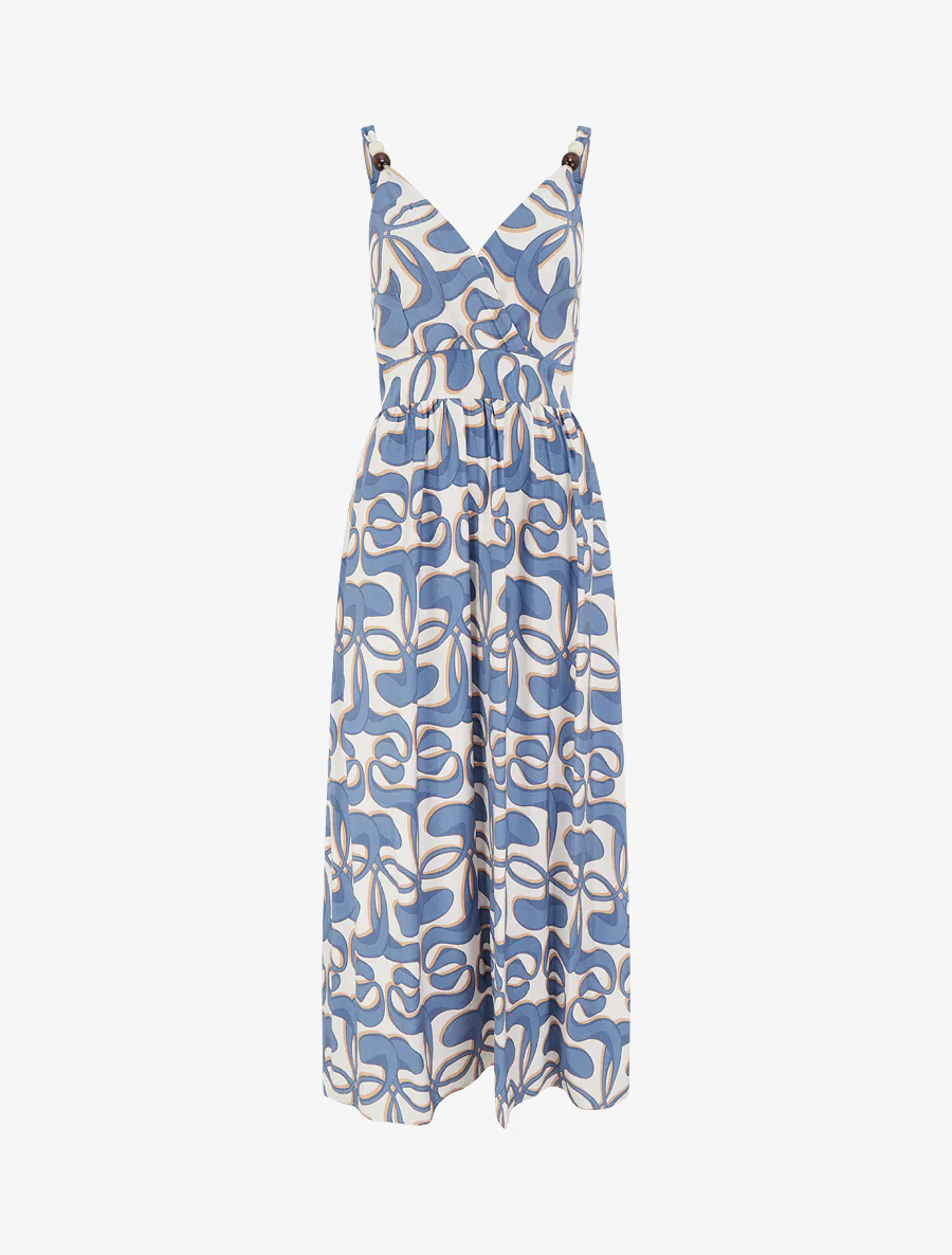Robe longue à bretelles perlées et imprimé graphique - Bleu