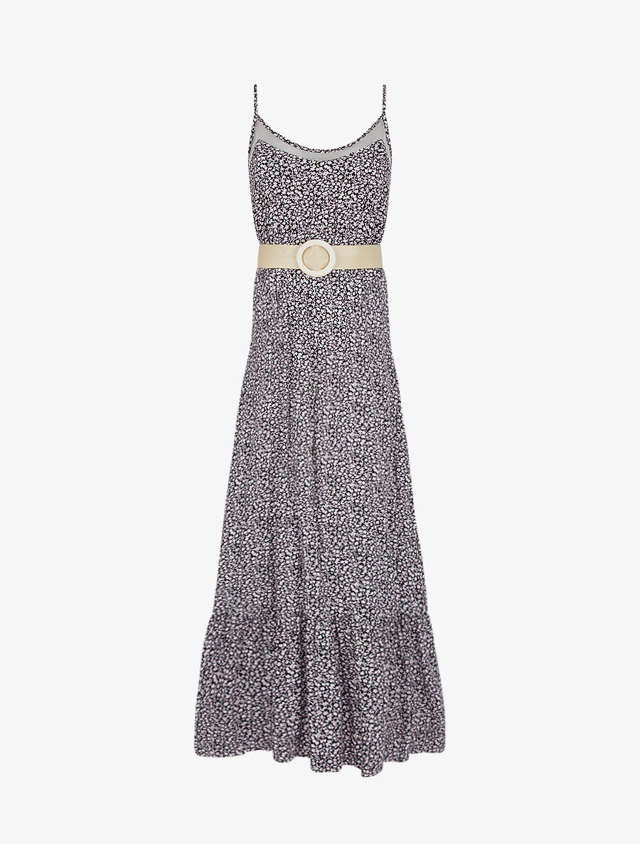 Robe longue à col à détail tulle - Noir