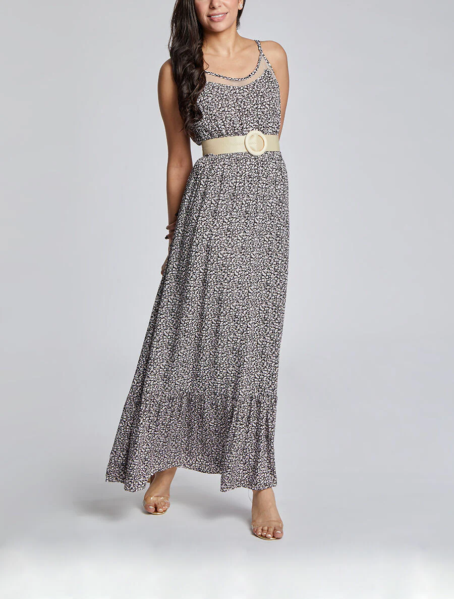 Robe longue à col à détail tulle - Noir - Image 5