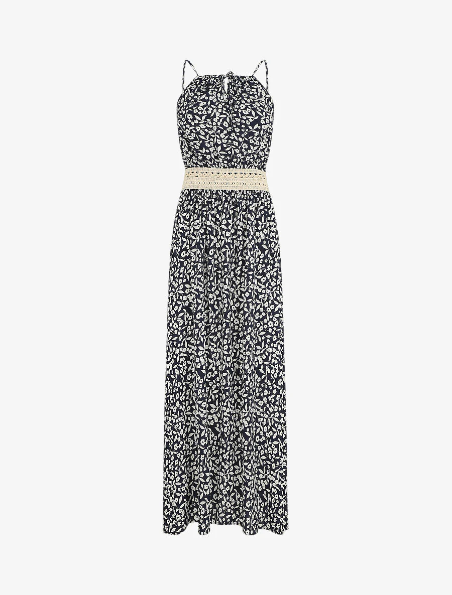 Robe longue à col américain et dentelle - Bleu nuit
