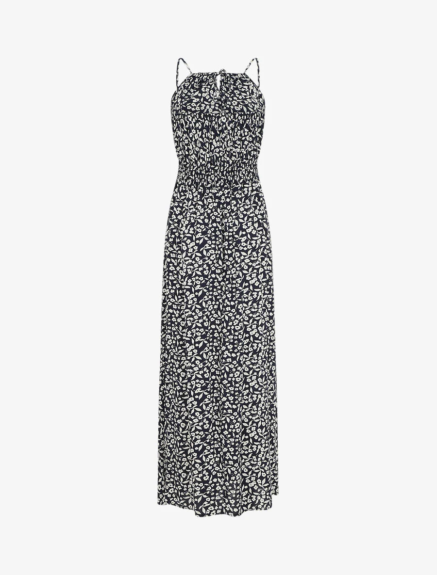 Robe longue à col américain et dentelle - Bleu nuit - Image 2