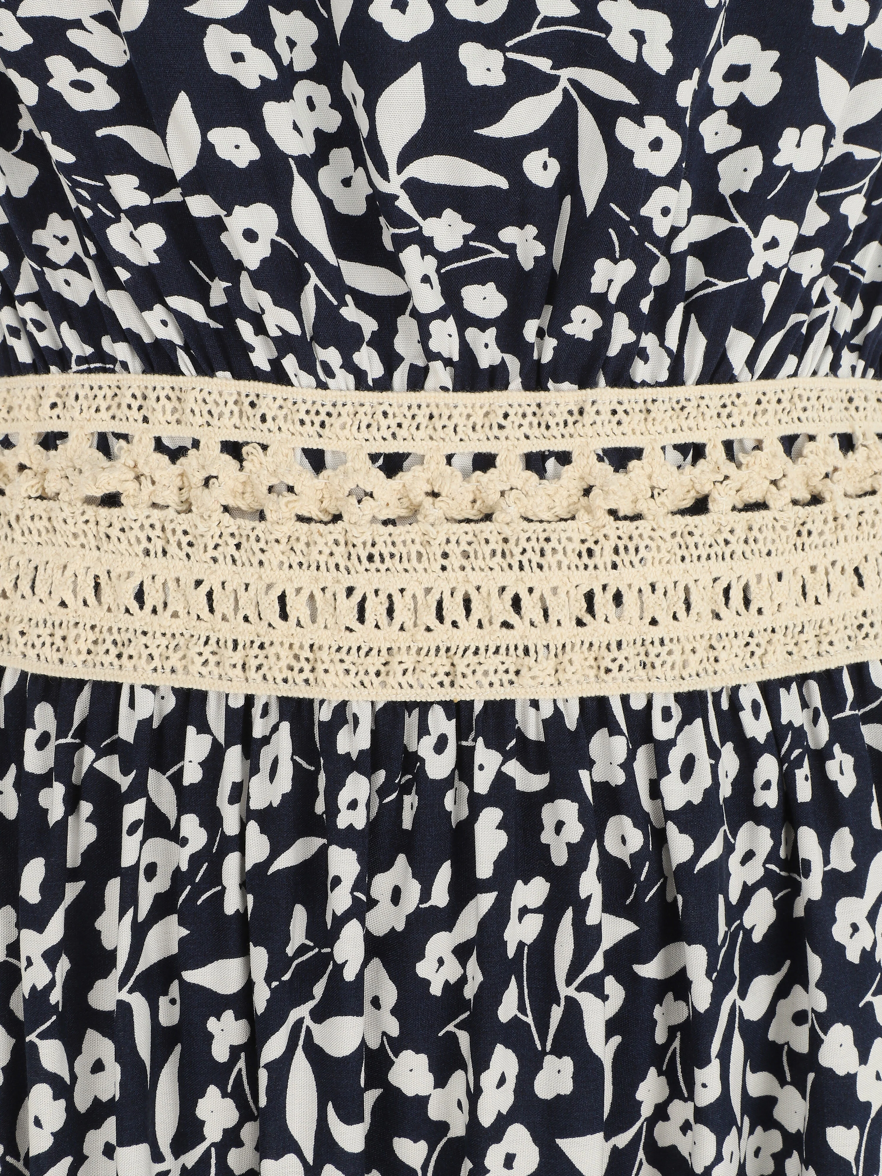 Robe longue à col américain et dentelle - Bleu nuit - Image 3