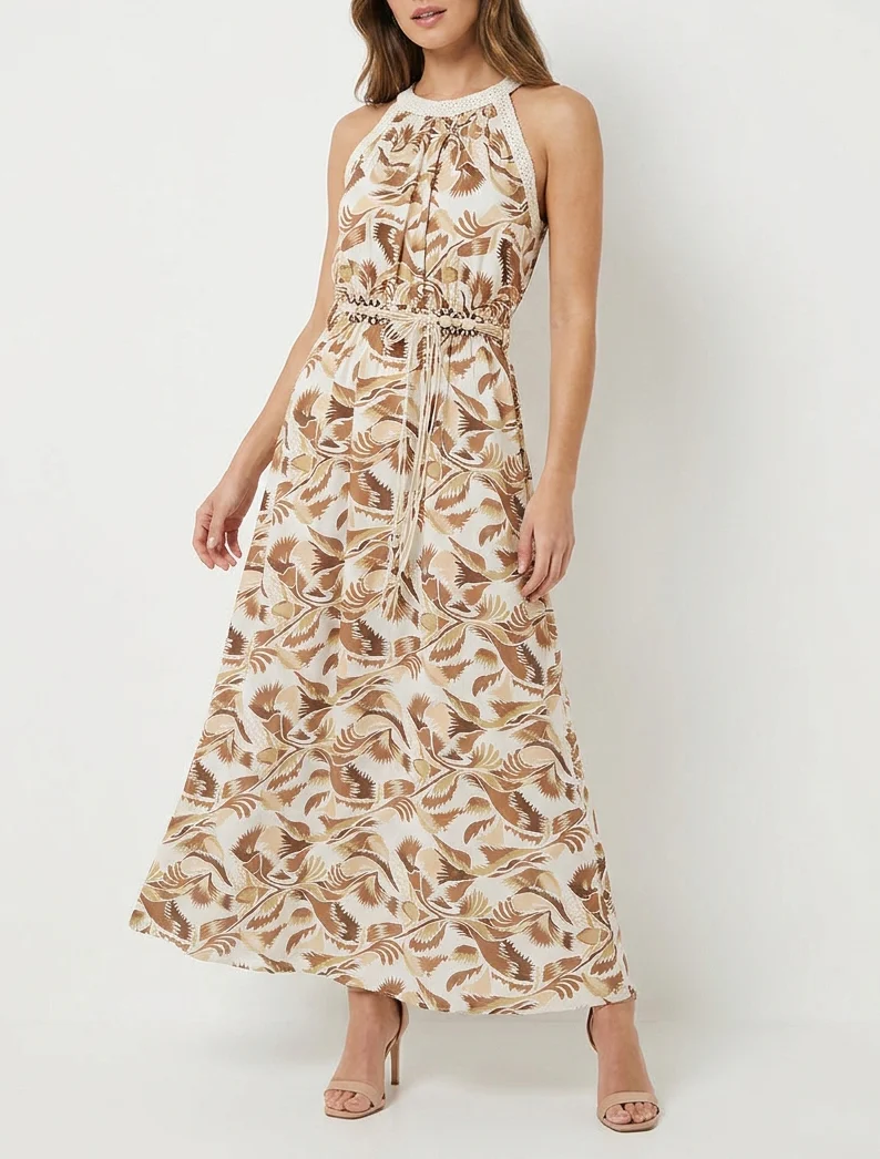 Robe longue à col américain imprimé fantaisie - Marron - Image 4