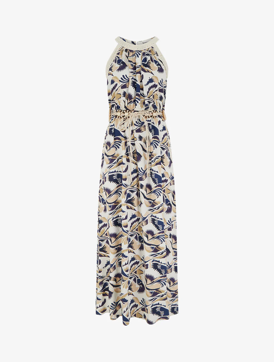 Robe longue à col américain imprimé fantaisie - Marine