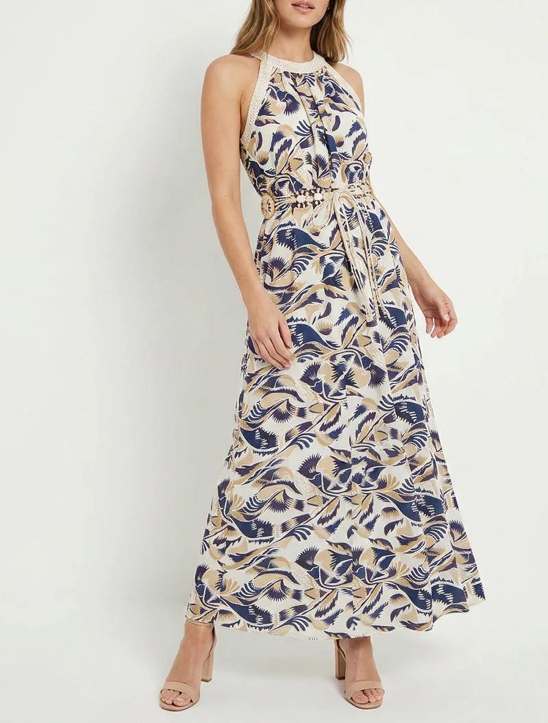 Robe longue à col américain imprimé fantaisie - Marine - Image 4