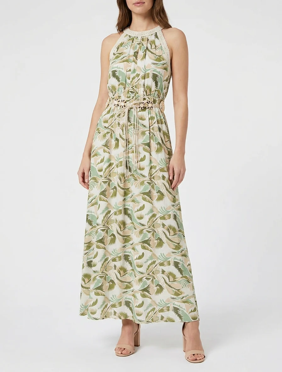 Robe longue à col américain imprimé fantaisie - Vert - Image 4