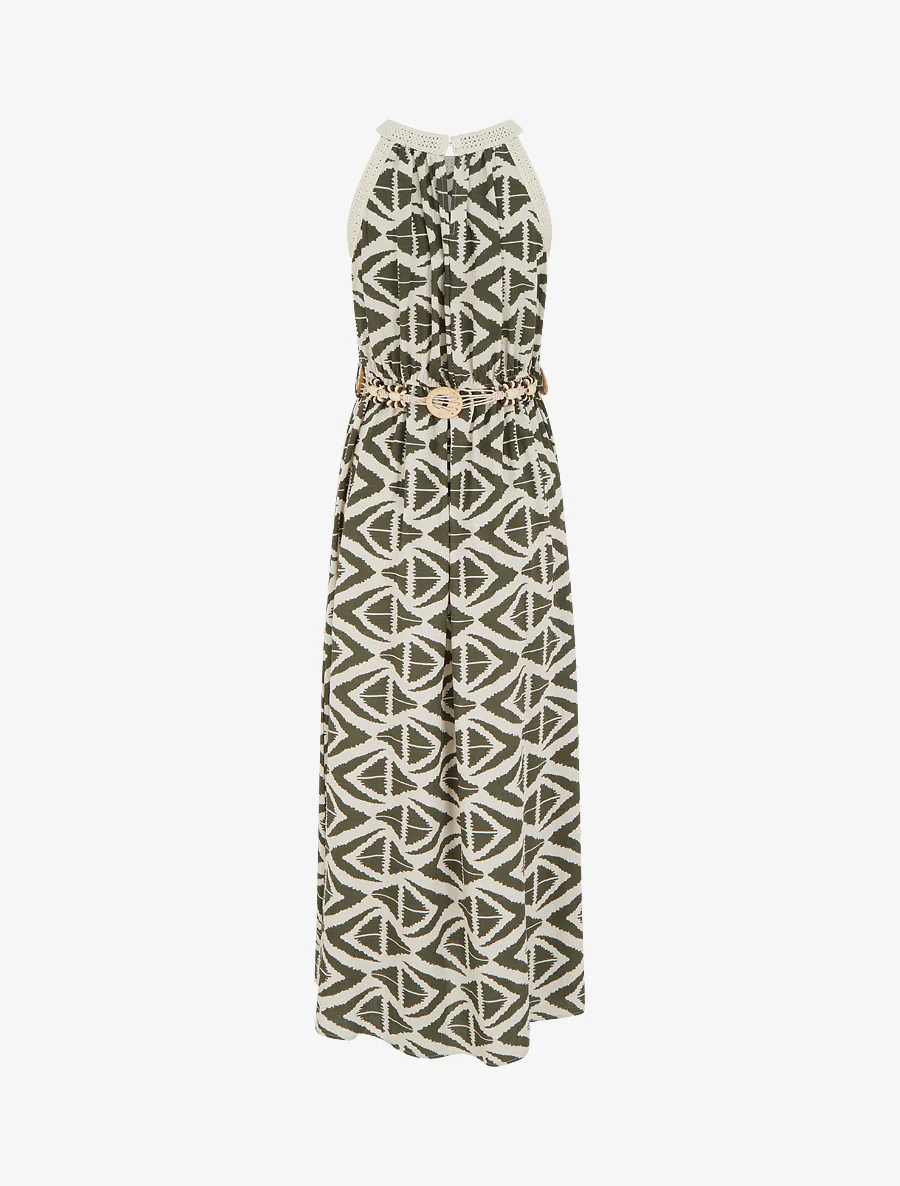 Robe longue à col américain imprimé graphique - Kaki - Image 2