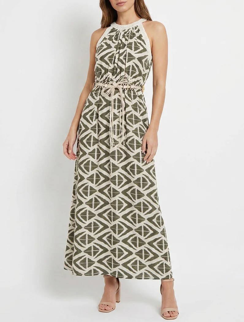 Robe longue à col américain imprimé graphique - Kaki - Image 4