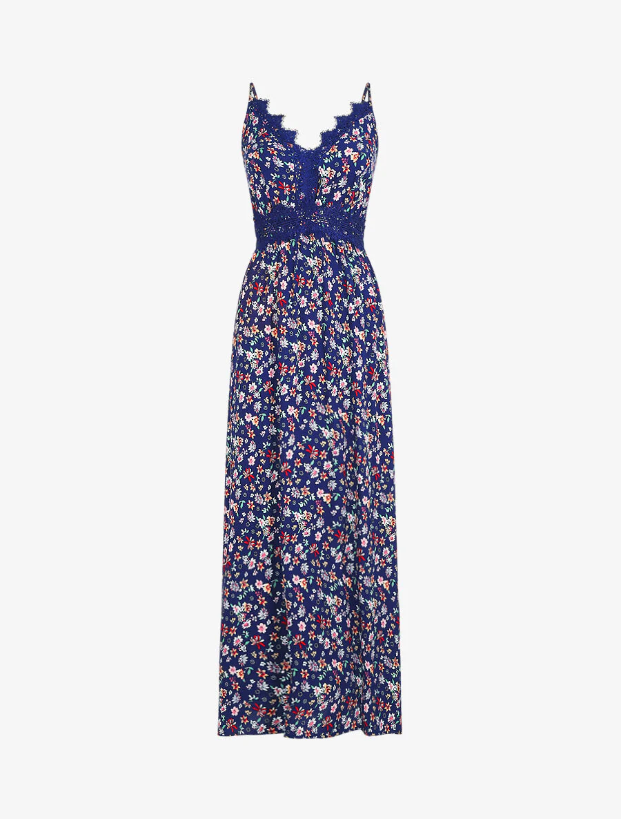 Robe longue à col dentelle et imprimé fleuri - Marine
