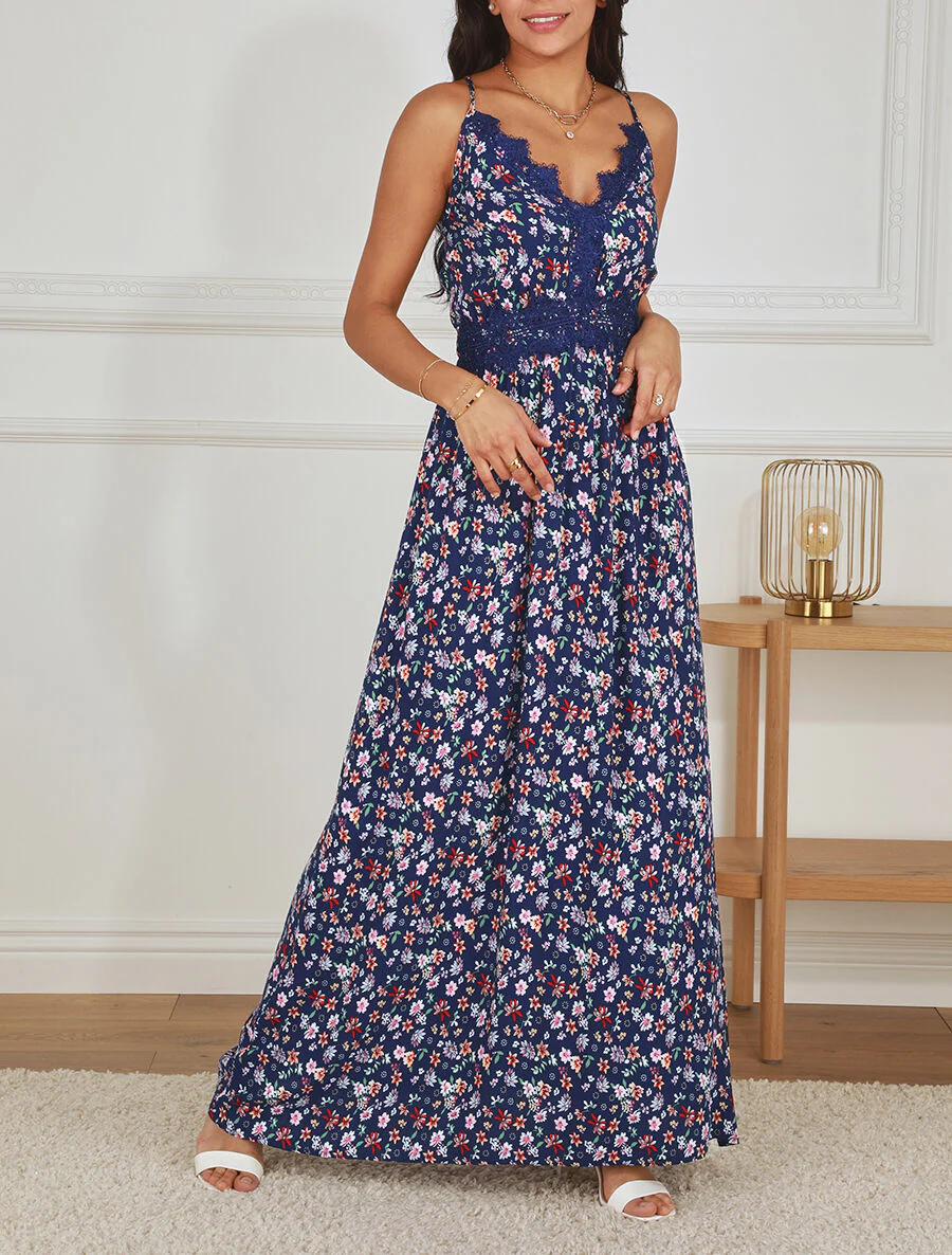 Robe longue à col dentelle et imprimé fleuri - Marine - Image 4