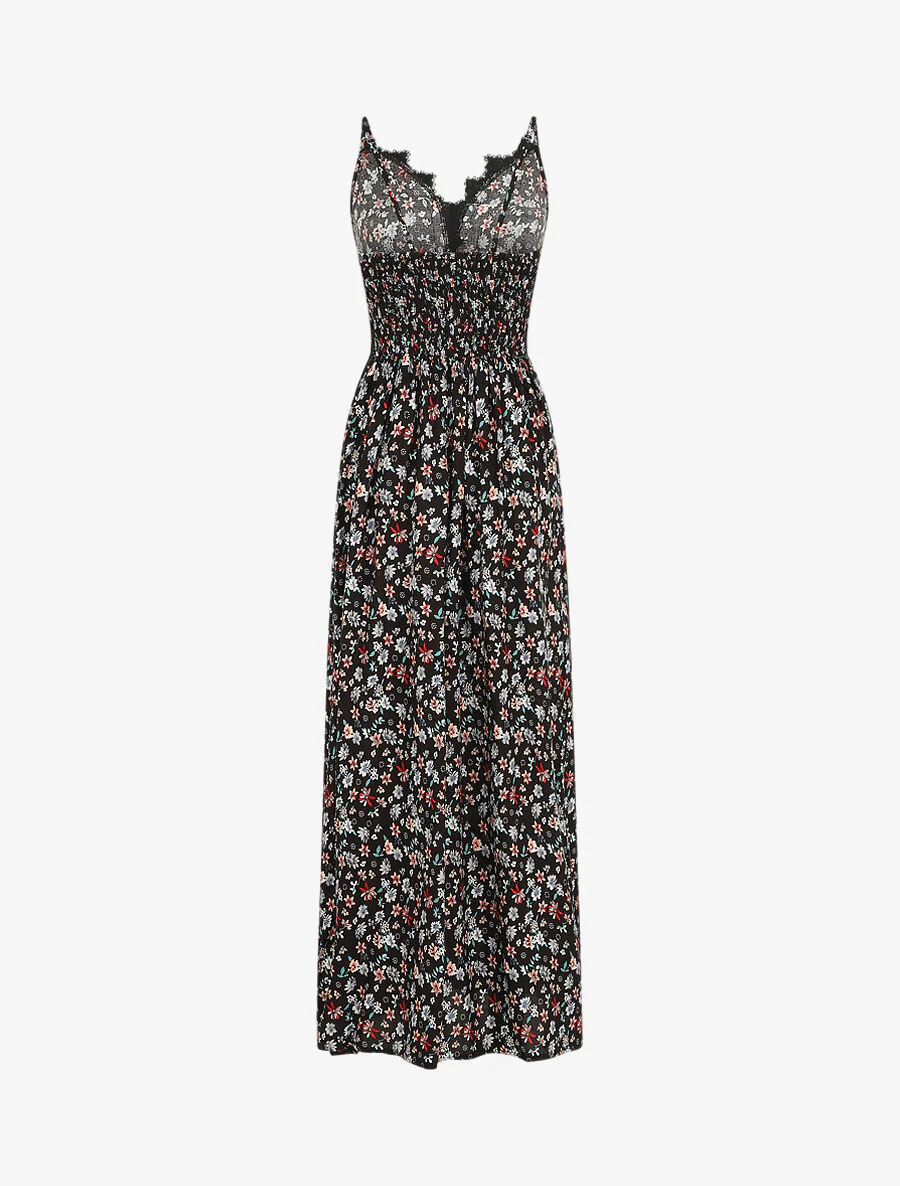 Robe longue à col dentelle et imprimé fleuri - Noir - Image 2