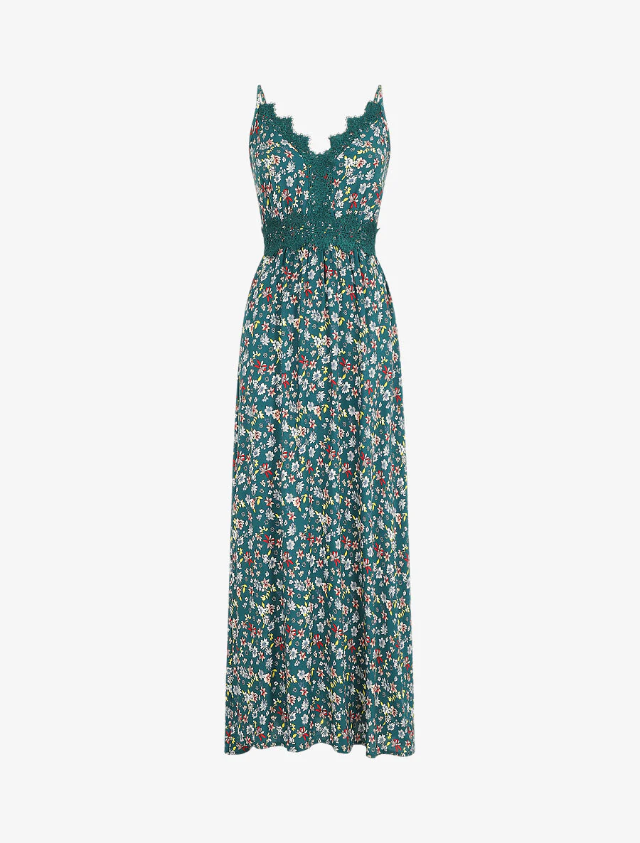 Robe longue à col dentelle et imprimé fleuri - Vert