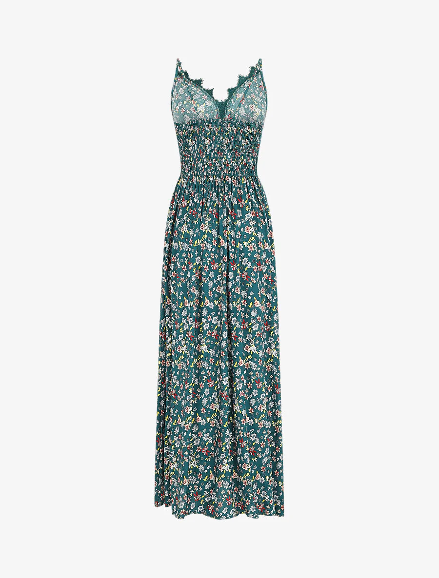 Robe longue à col dentelle et imprimé fleuri - Vert - Image 2