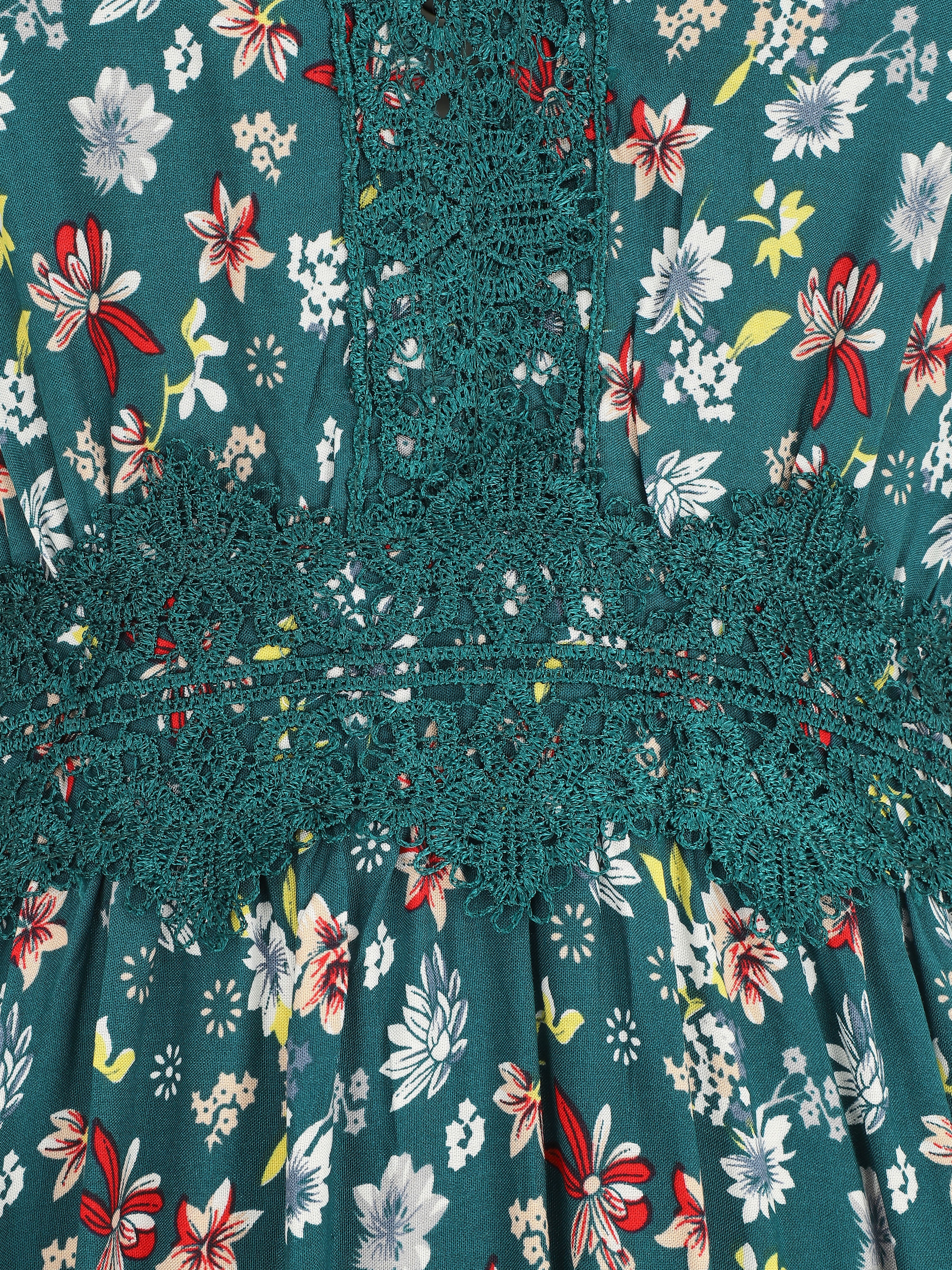 Robe longue à col dentelle et imprimé fleuri - Vert - Image 3