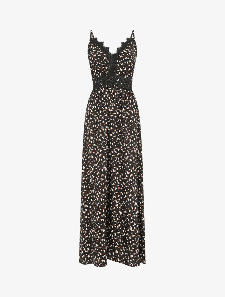 Robe longue à col dentelle et imprimé fleurs - Noir