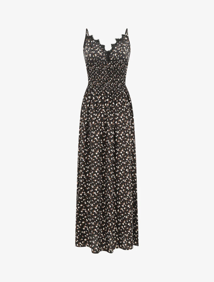 Robe longue à col dentelle et imprimé fleurs - Noir - Image 2