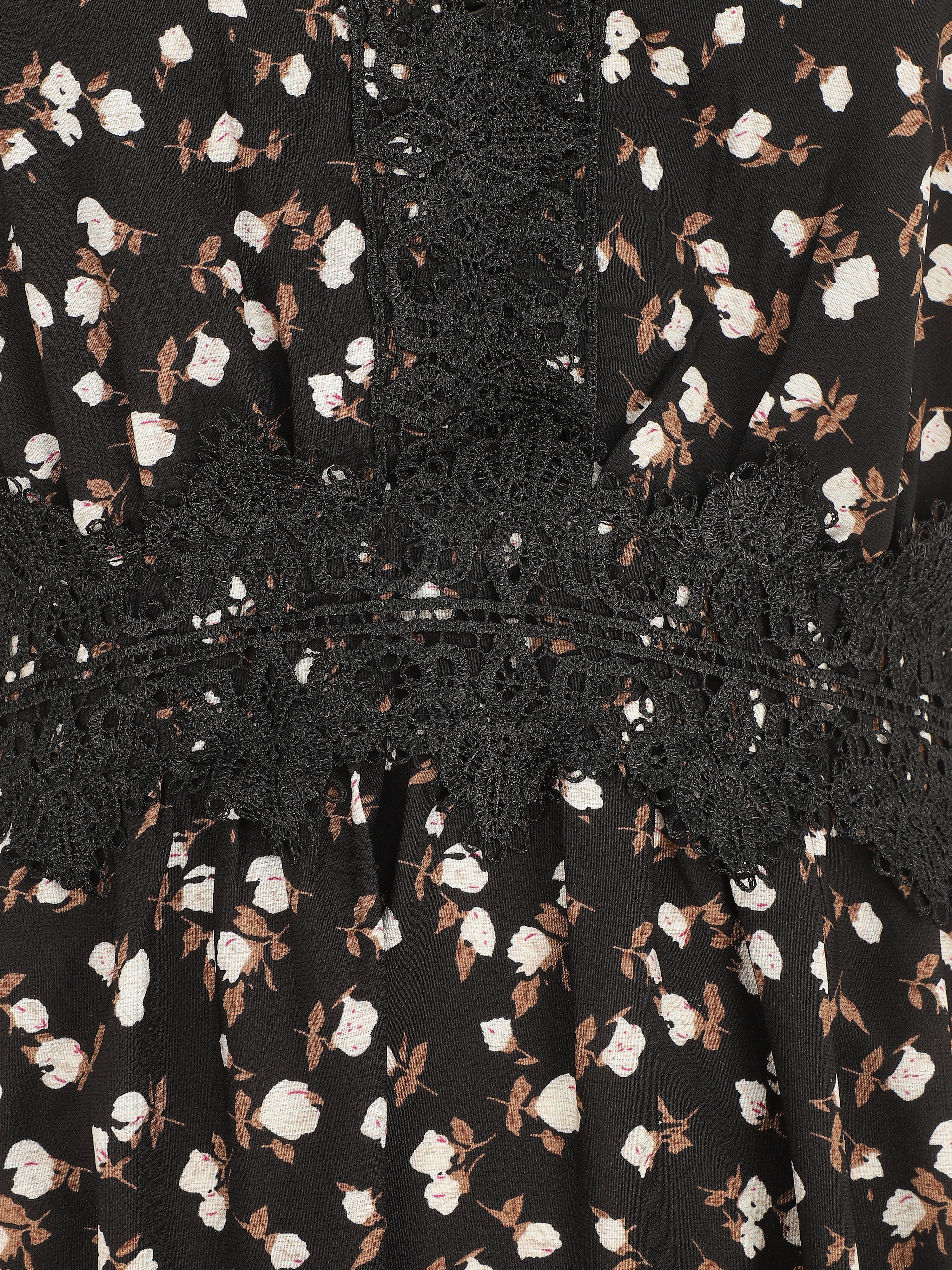 Robe longue à col dentelle et imprimé fleurs - Noir - Image 3
