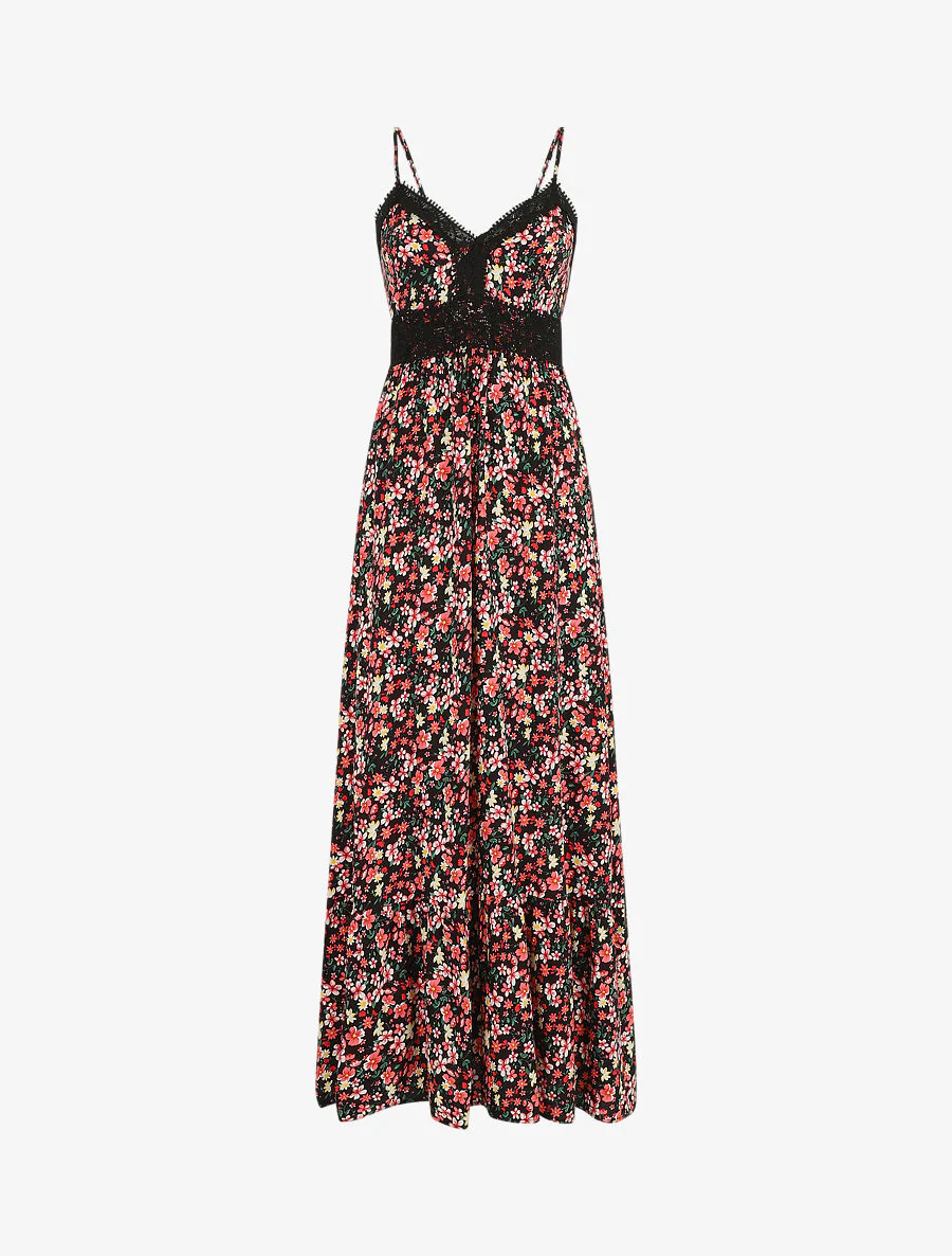 Robe longue à col dentelle et imprimé multi-fleurs - Noir