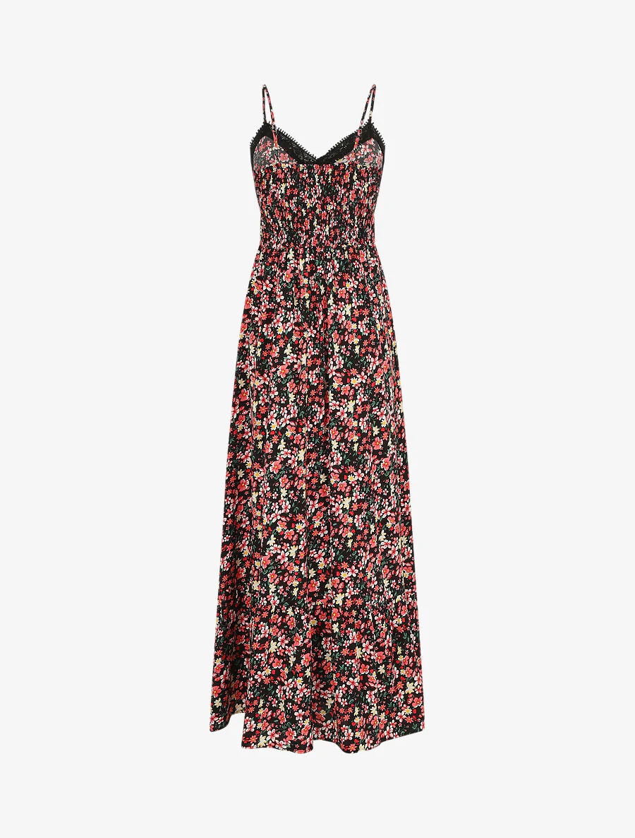 Robe longue à col dentelle et imprimé multi-fleurs - Noir - Image 2