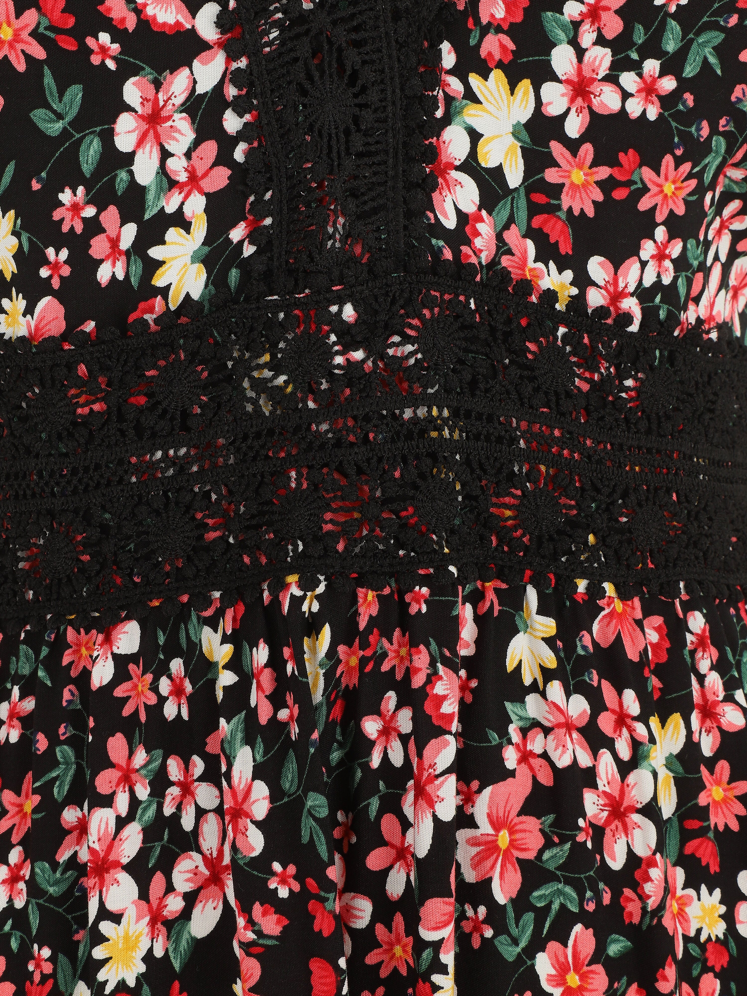 Robe longue à col dentelle et imprimé multi-fleurs - Noir - Image 3