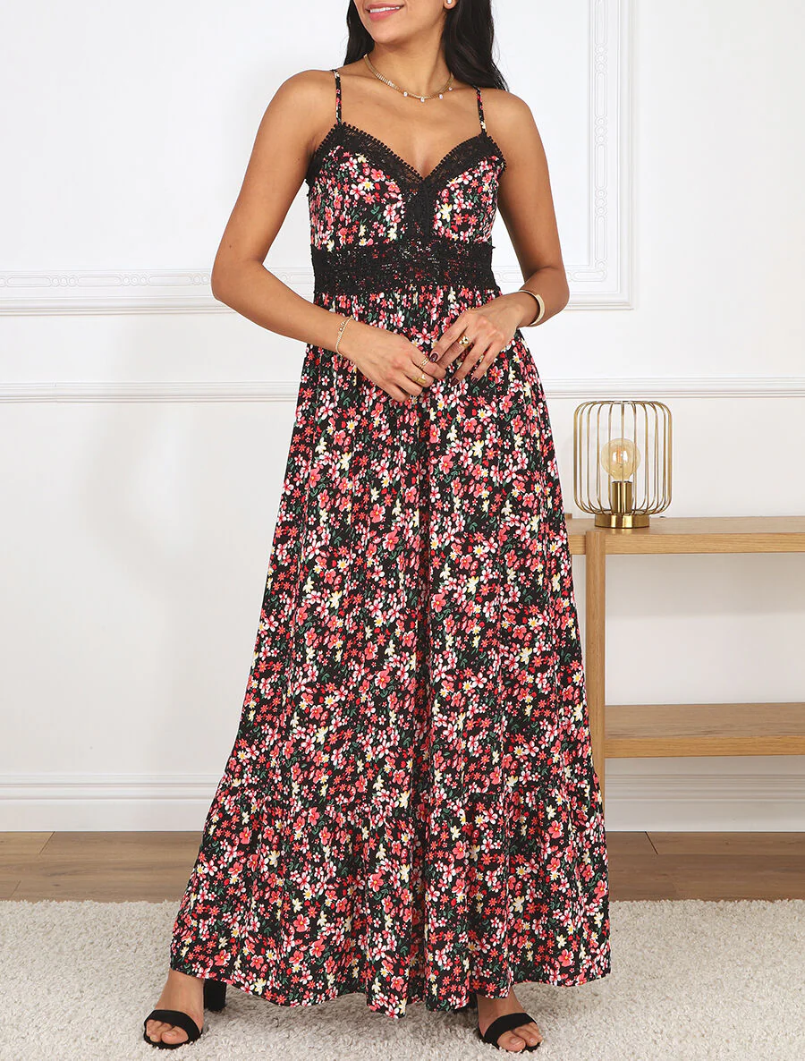 Robe longue à col dentelle et imprimé multi-fleurs - Noir - Image 4
