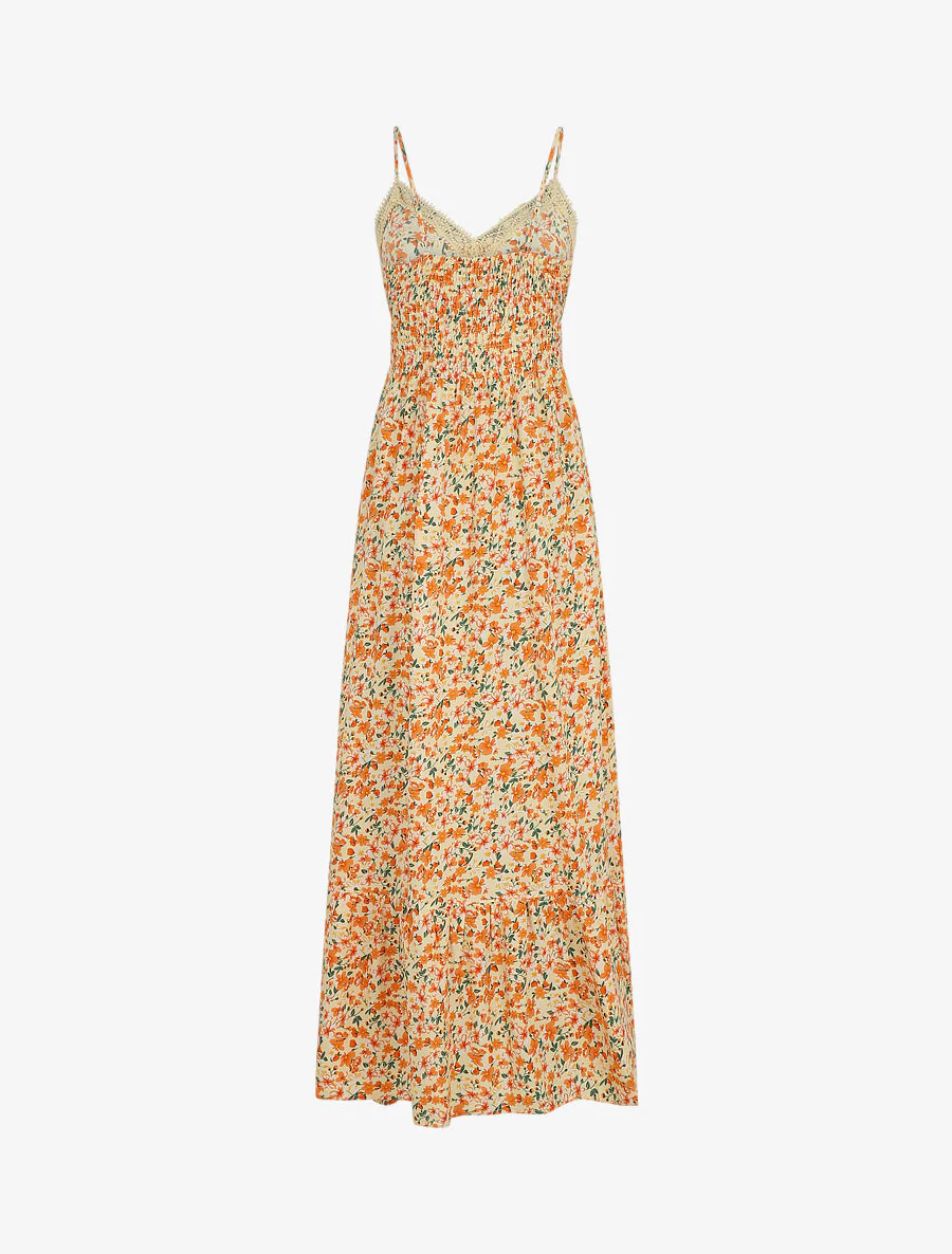 Robe longue à col dentelle et imprimé multi-fleurs - Beige - Image 2
