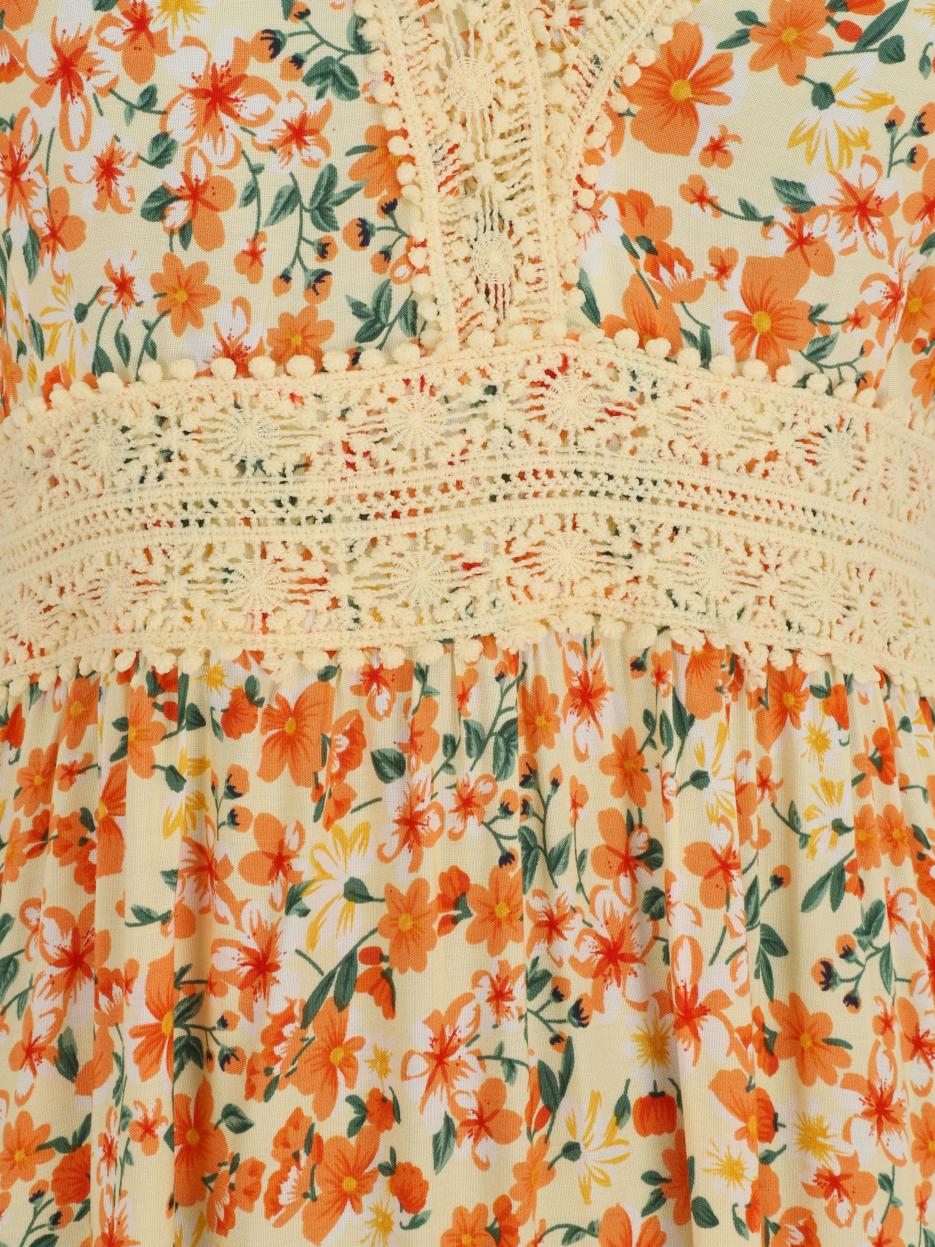 Robe longue à col dentelle et imprimé multi-fleurs - Beige - Image 3