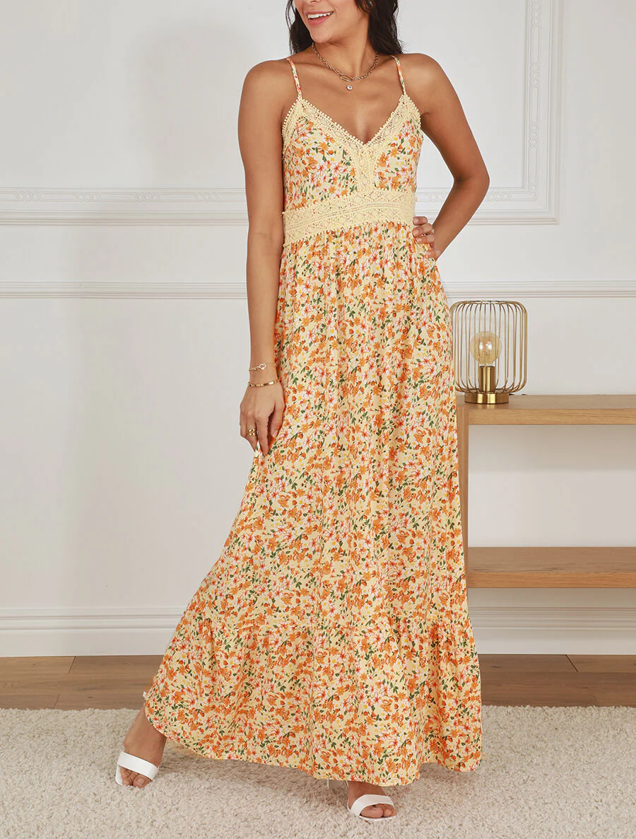 Robe longue à col dentelle et imprimé multi-fleurs - Beige - Image 4