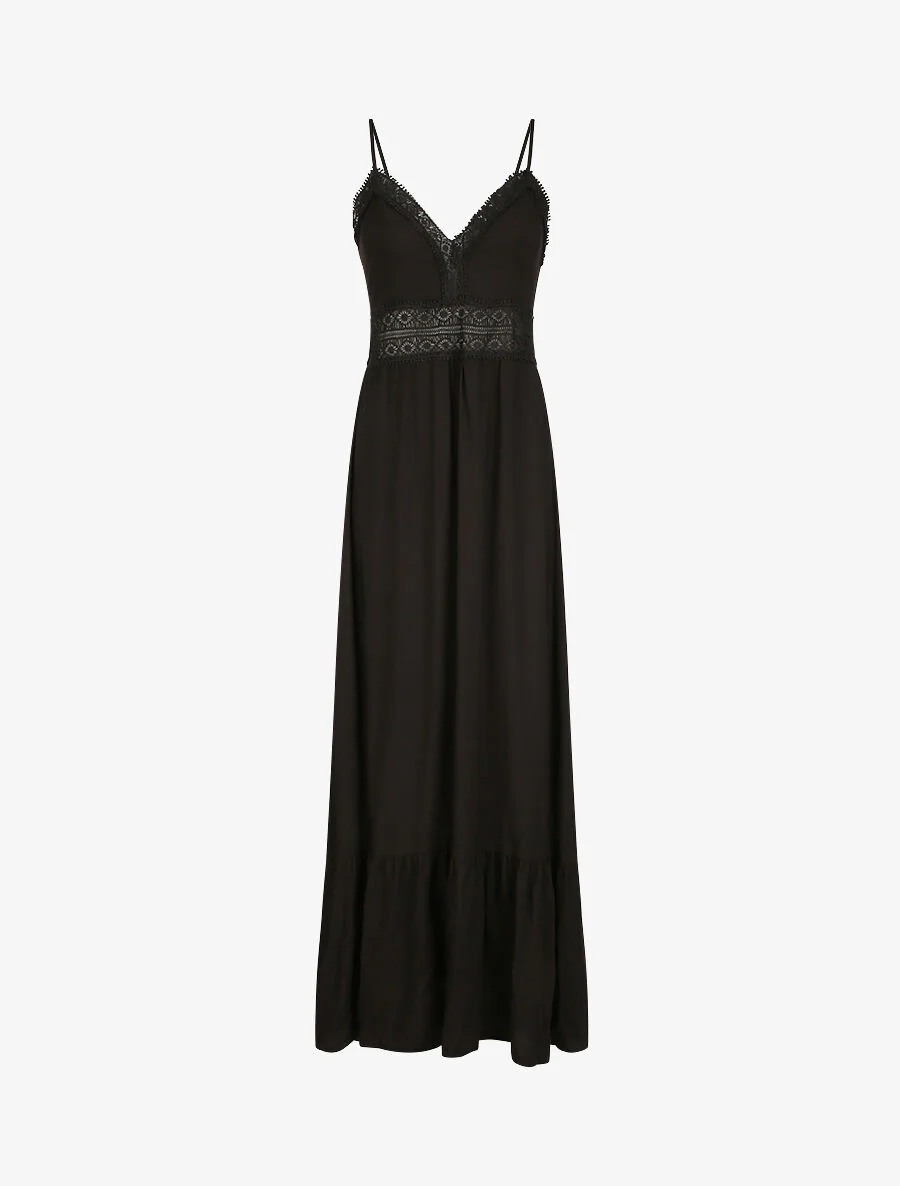 Robe longue à col V en dentelle - Noir