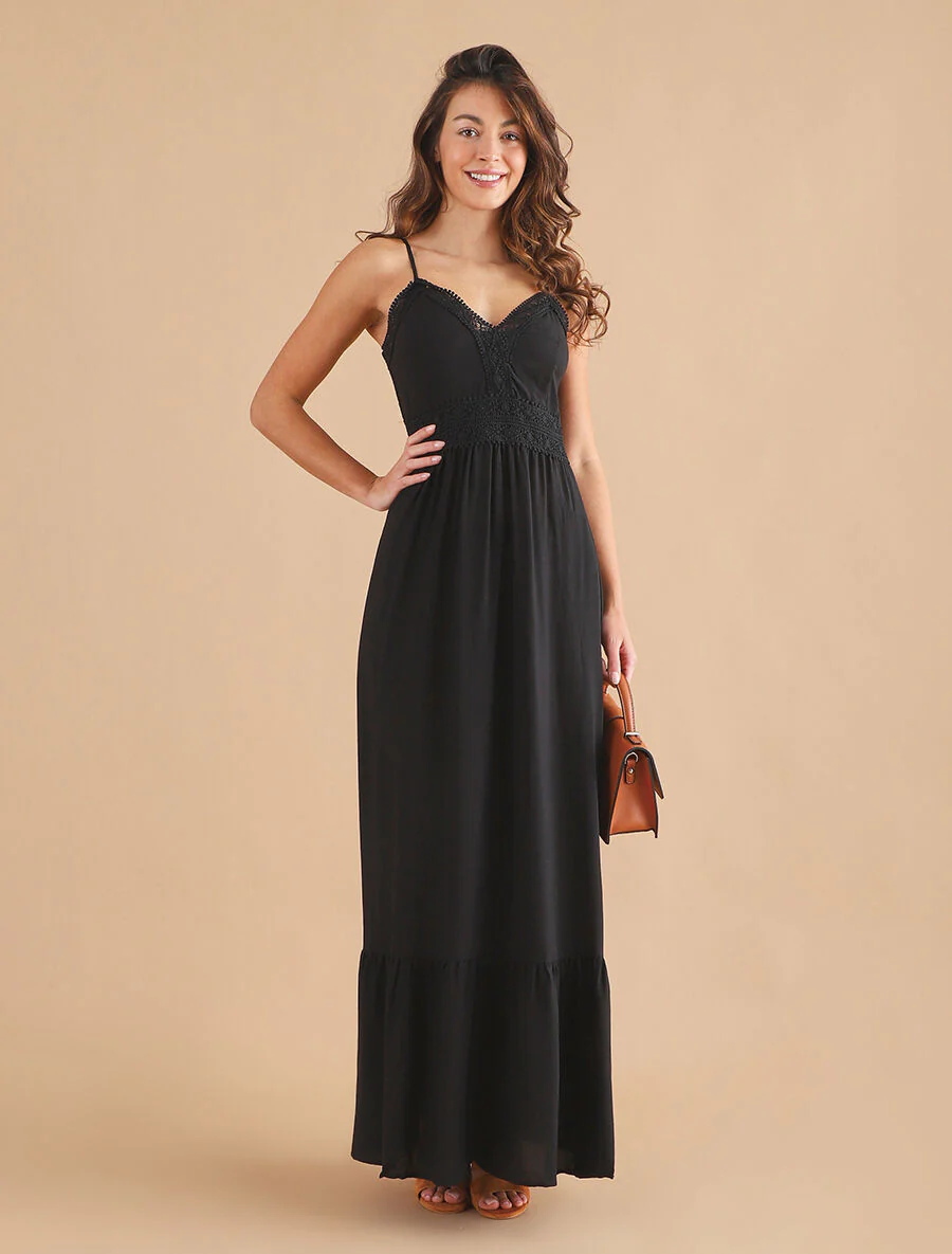 Robe longue à col V en dentelle - Noir - Image 4