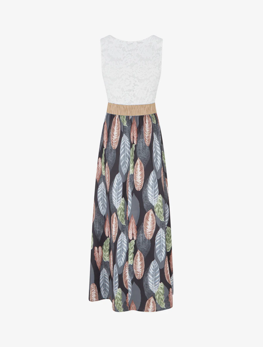 Robe longue à dentelle et imprimé feuilles - Noir - Image 2
