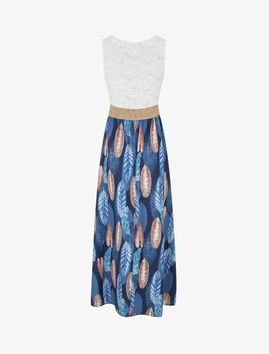Robe longue à dentelle et imprimé feuilles - Marine - Image 2