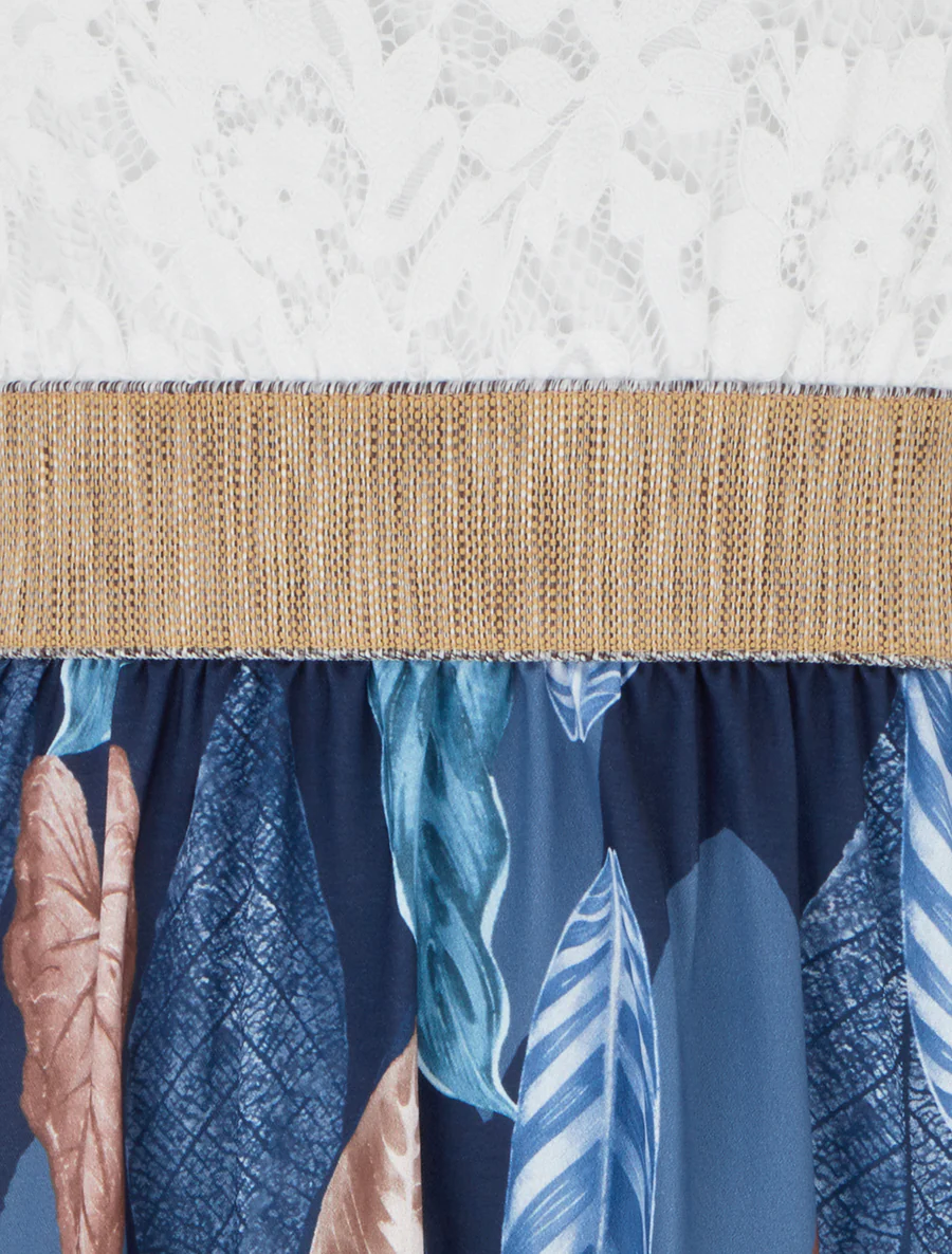 Robe longue à dentelle et imprimé feuilles - Marine - Image 3