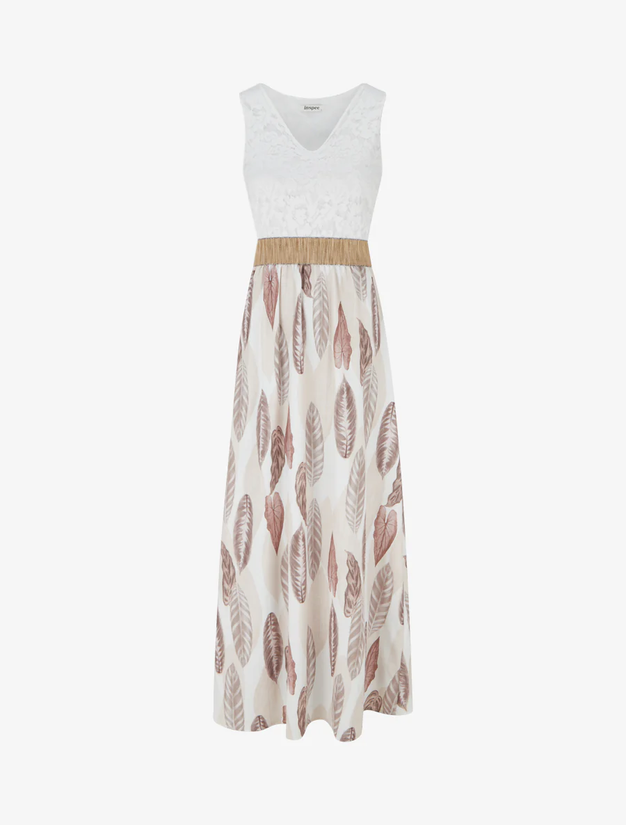 Robe longue à dentelle et imprimé feuilles - Beige
