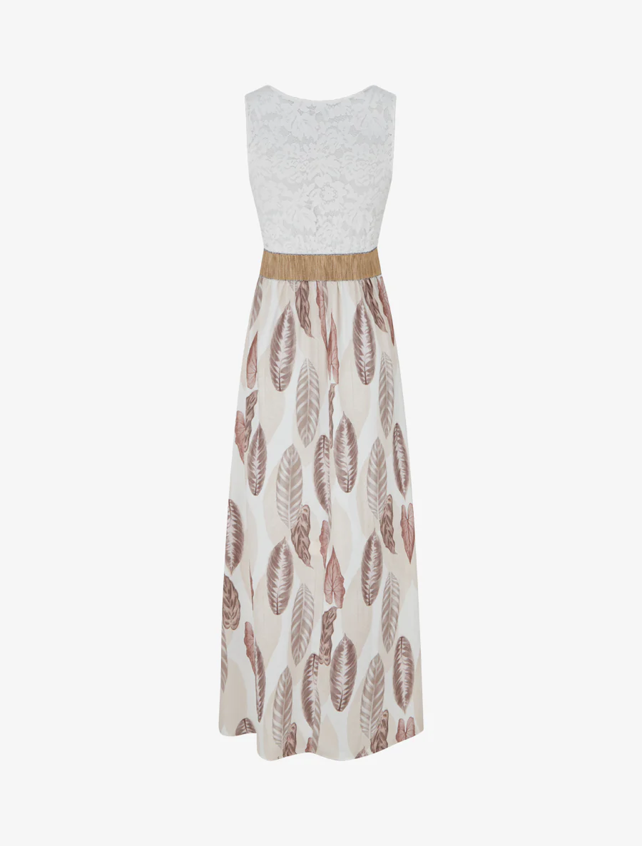 Robe longue à dentelle et imprimé feuilles - Beige - Image 2