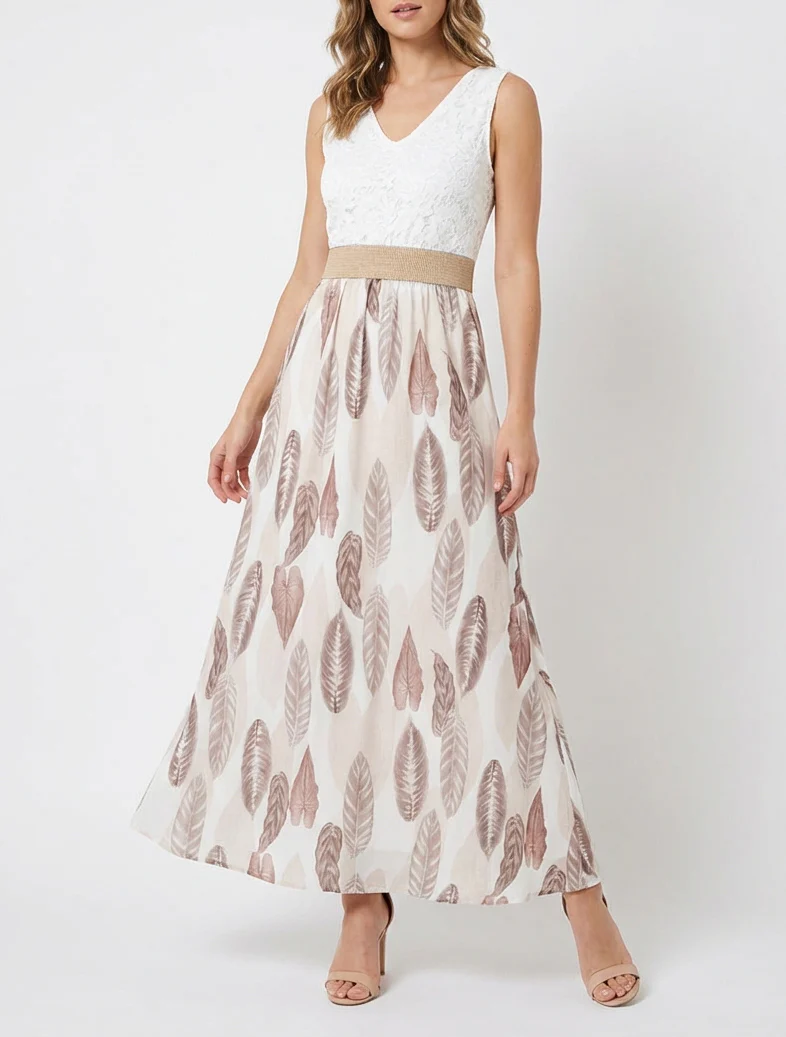 Robe longue à dentelle et imprimé feuilles - Beige - Image 4